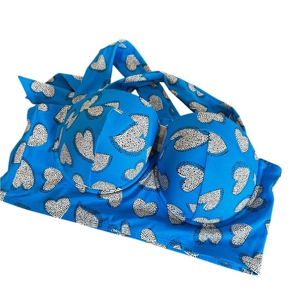 Torrid Blue With White Hearts Print Halter Bikini Top - Picture 7 of 8